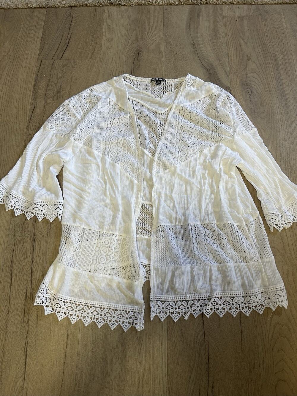 Moral Fiber Women's White Lace Crochet V-Neck Open-Front Kimono 3/4 Sleeve 3X